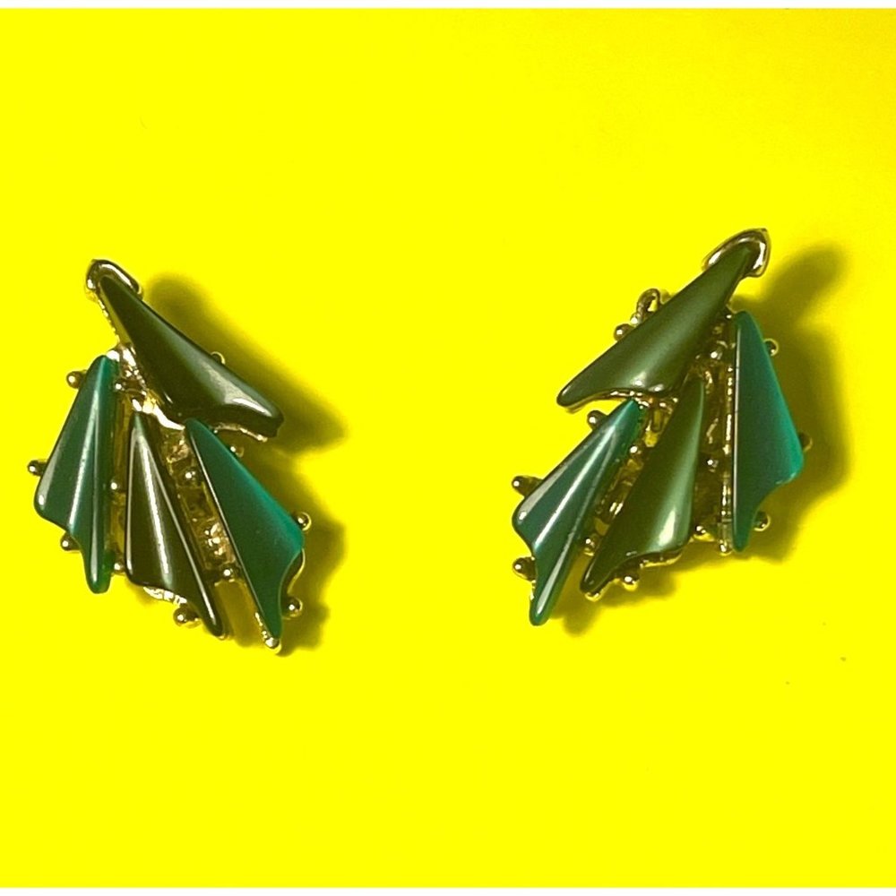Green, Blue, and Gold Asymmetric Vintage JayCraft Clip Earrings Collectible!